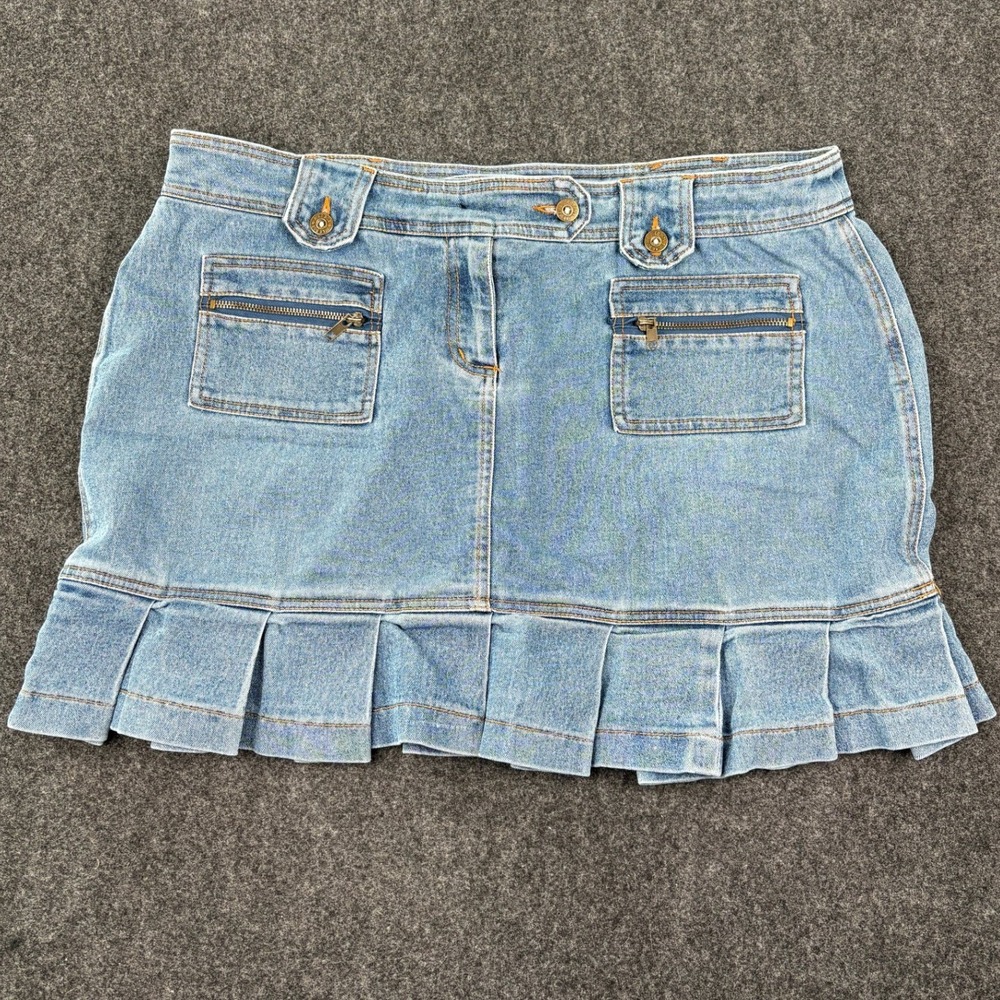 Juke Box Stretch Denim Mini Skirt Light‎ Wash Pleated Ruffle Hem Y2K Size 13